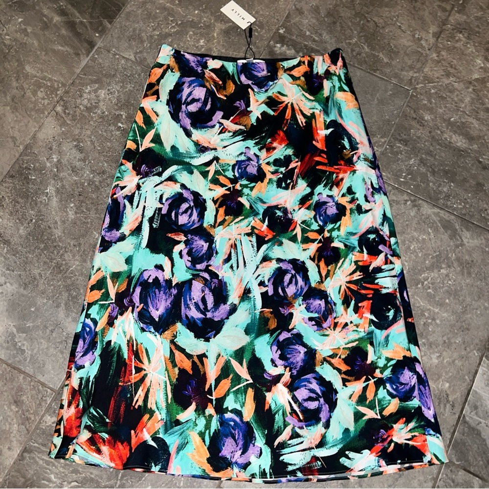 MILLY Fion Oberon Rose Print Bias Skirt Multi‎ Color Midi Medium